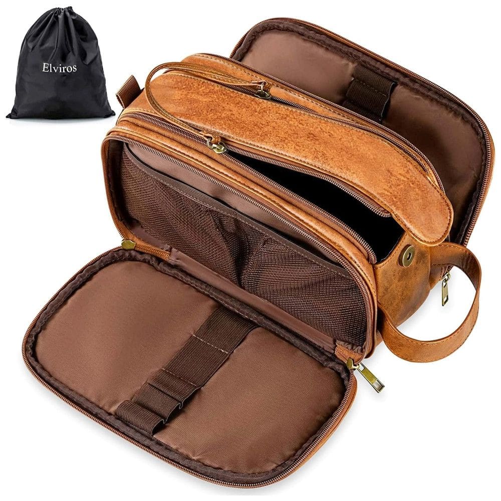 Necessaire Masculina de Couro, ELVIROS, Marrom Claro