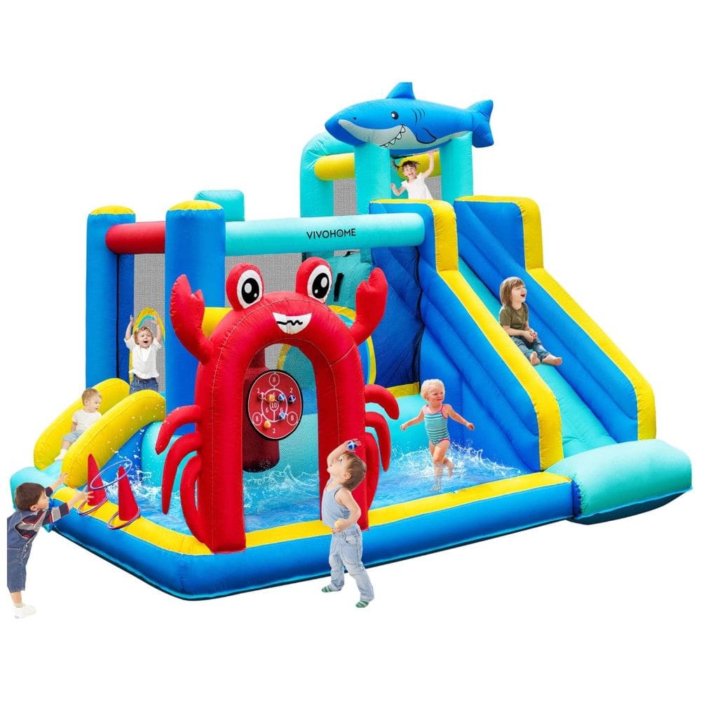 Parque Aquático Inflável VIVOHOME 7 em 1 para Crianças, Castelo Inflável com Escorregador 3,65x3,05m, Inflador e Basquete
