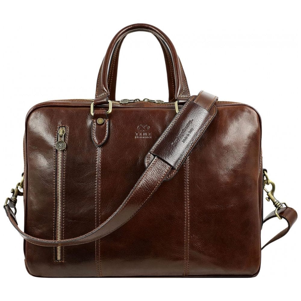 Bolsa Maleta de Couro Unissex para Laptop, TIME RESISTANCE, Marrom