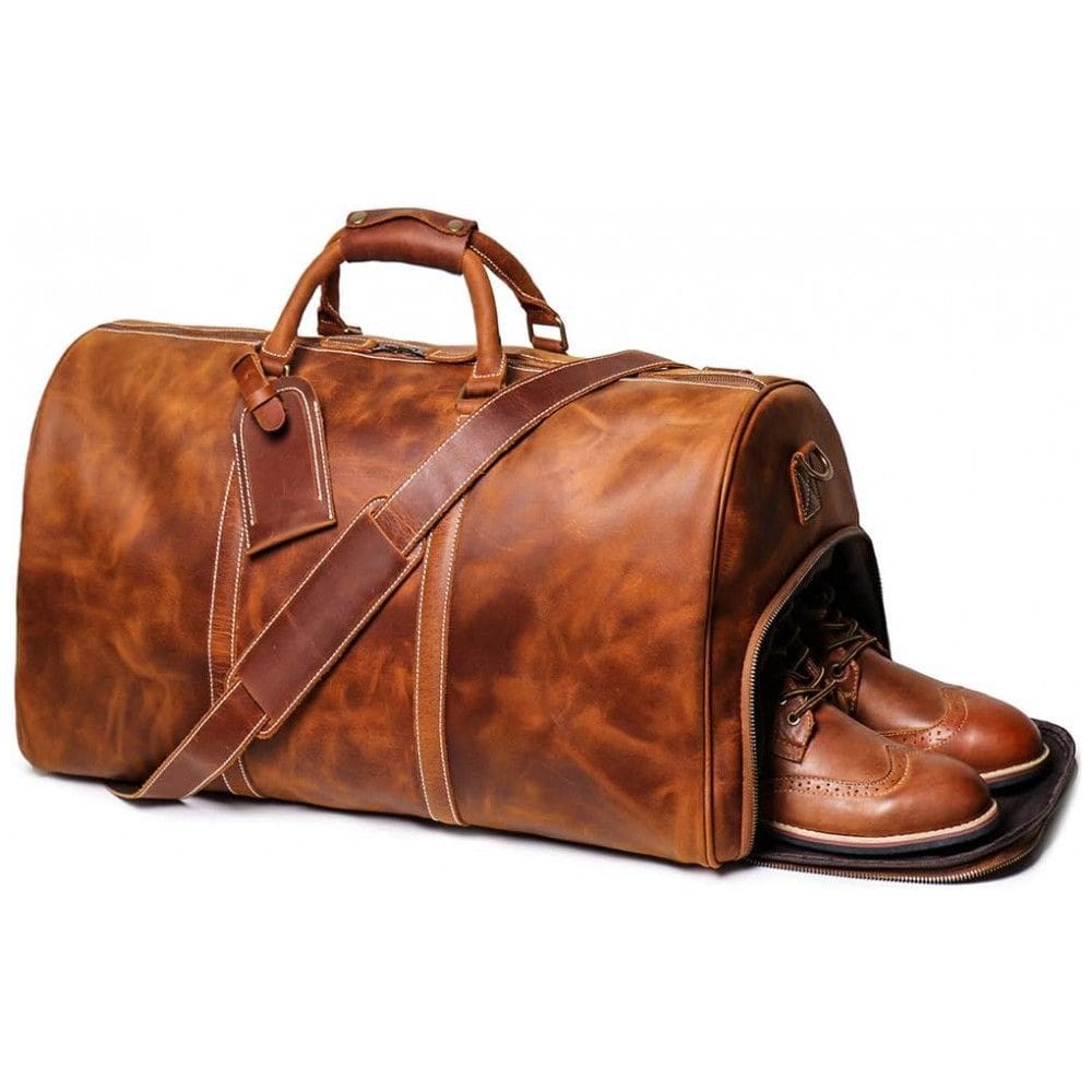 Bolsa de Viagem Masculina Clássica de Couro, LEATHFOCUS, Marrom