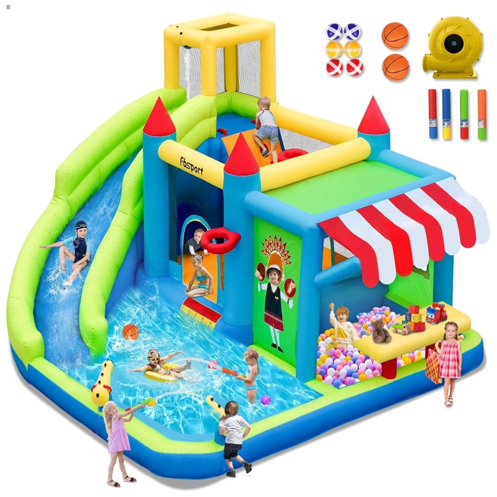 Casa de Pulos Inflável FBSPORT com Escorregador Aquático, Diversão Garantida para Crianças com Mercadinho e Piscina de Splash