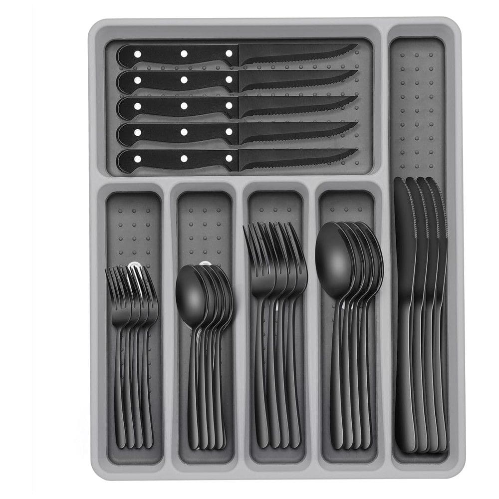 Kit de Talheres Preto de 49 Peças com Organizador EWFEN, em Aço Inox, para 8 Pessoas, Facas de Jantar, Anti-Ferrugem e Polimento Perfeito