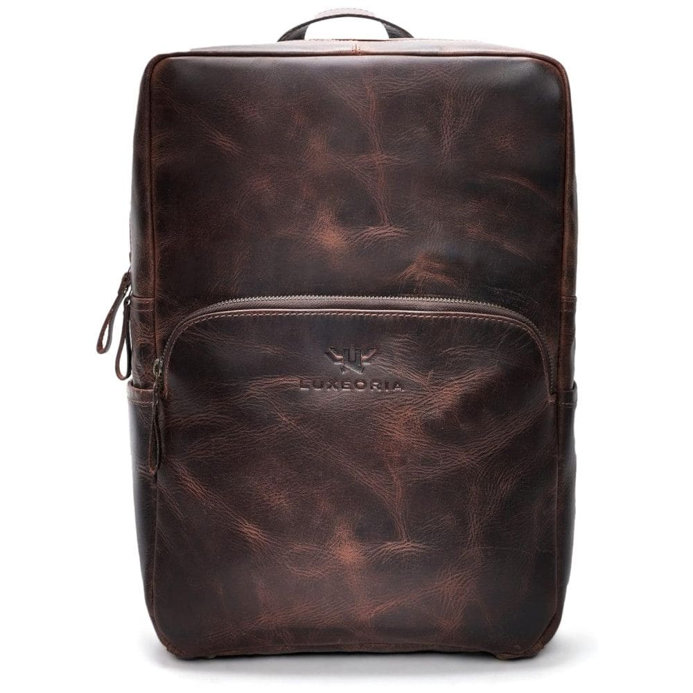 Mochila Masculina para Laptop de Couro, LUXEORIA, Marrom Escuro