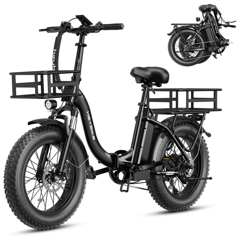 Bicicleta Elétrica Dobrável Heybike Ranger 2.0, Motor Pico 1400W, Bateria 600Wh, Pneus Fat 20”, Suspensão, Step-Thru, 7 Marchas, PRETA