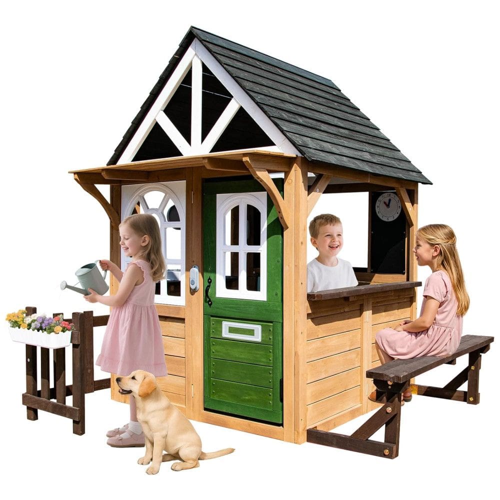 Casa de Brincar Infantil YOFE, Playhouse de Madeira c/ Cozinha, Cerca, Banco, Porta p/ Cachorro, Campainha, Vaso de Flores - Diversão