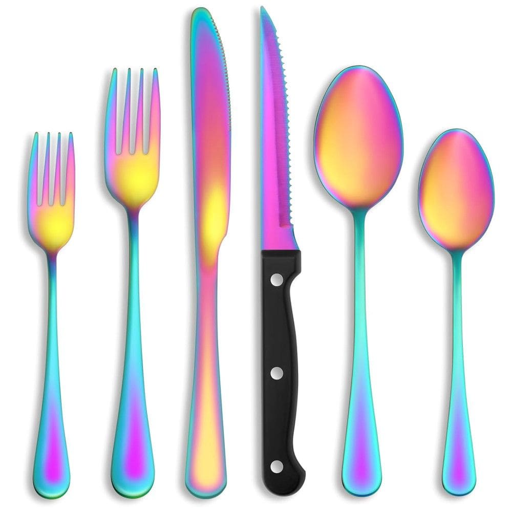 Kit de Talheres Multicoloridos com 24 Peças e Facas de Churrasco para 4 Pessoas, em Aço Inox, Acabamento Brilhante, Utensílios de Cozinha