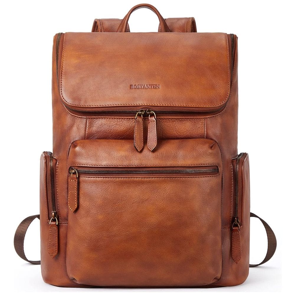 Mochila Masculina para Laptop de Couro, BOSTANTEN, Marrom