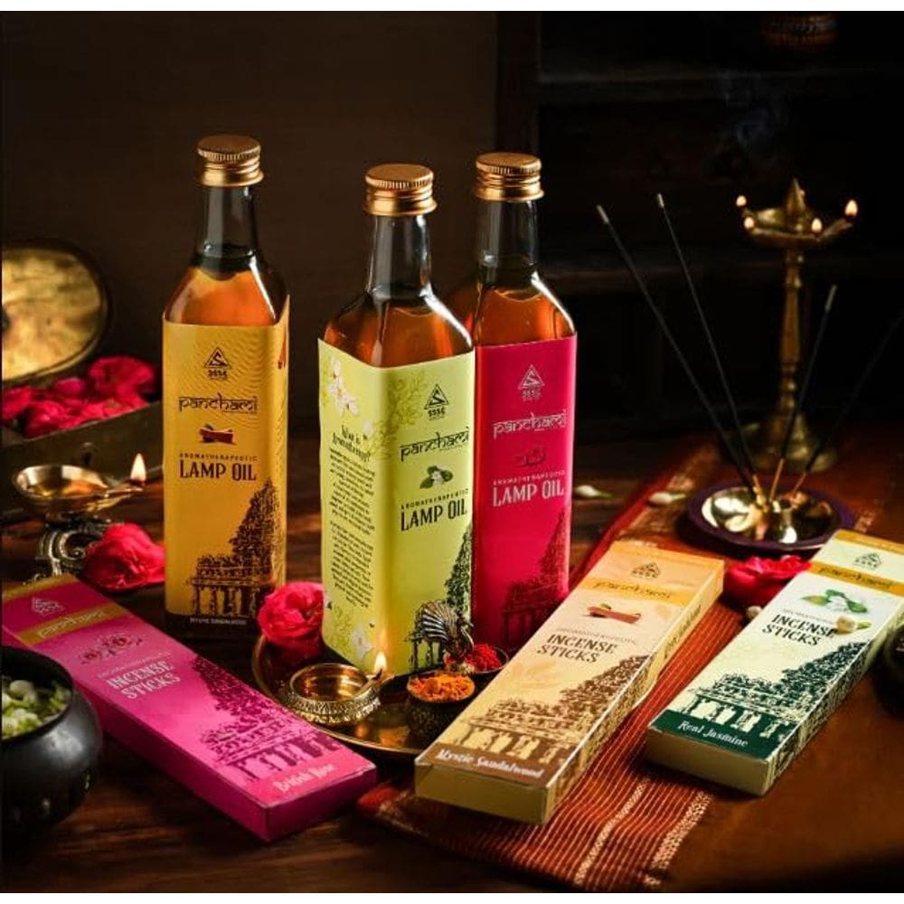 Cesta festiva de incenso Panchami com sândalo, rosa e jasmim