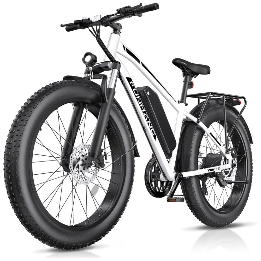 Bicicleta Elétrica Funhang EB-S1 26” Branco | Motor 1000W Pico, Bateria 48V 13Ah Removível, 7 Velocidades, 5 Modos de Condução