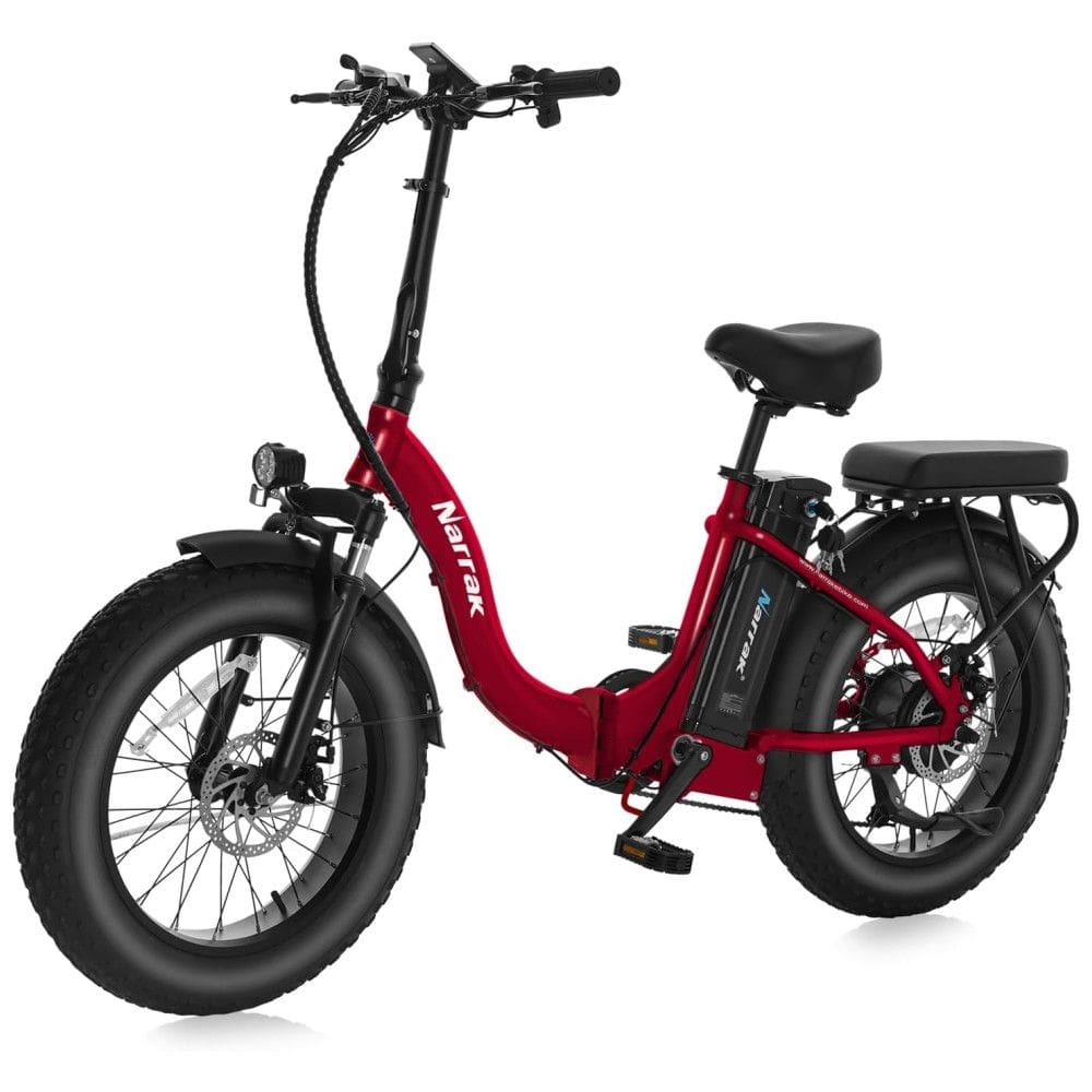 Bicicleta Elétrica Dobrável Narrak S129 Vermelho, Motor Traseiro 750W (Pico 1100W), Bateria 48V 13Ah (624Wh), Pneus Largos 20”x4”