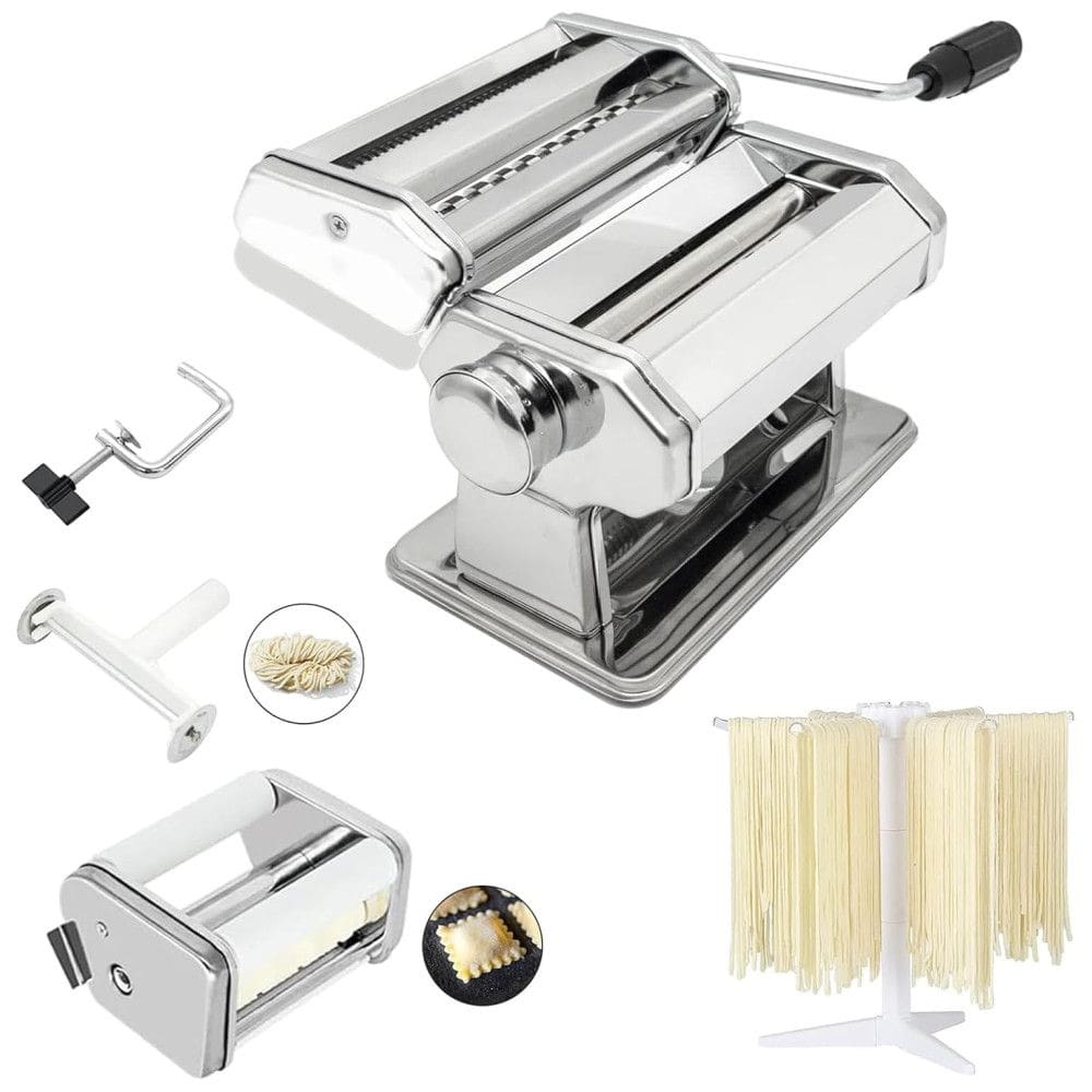Máquina de Fazer Massas com 9 Opções de Espessura Ajustável, 2 em 1 Inclui Cortador de Massas, Acessório para Ravioli e Suporte para