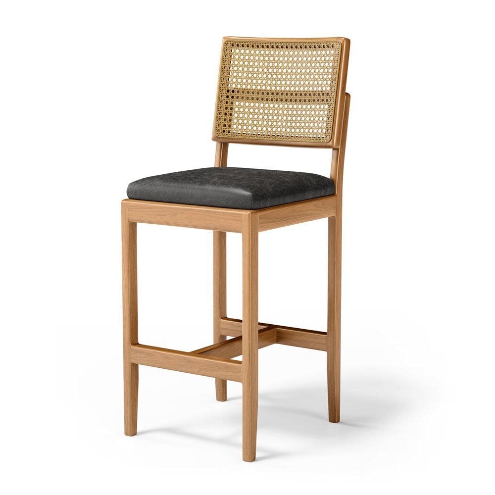 Banqueta Milena Madeira Maciça Assento Estofado Encosto De Tela Palha Sextavada