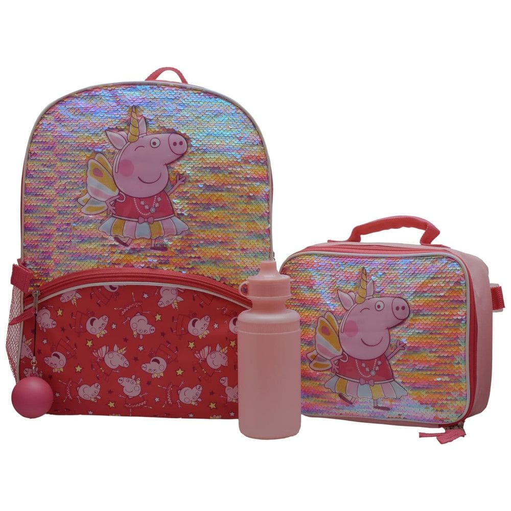 Mochila Escolar Infantil Peppa Pig com Lancheira, Garrafa de Água e Chaveiro Divertido para Crianças, Rosa