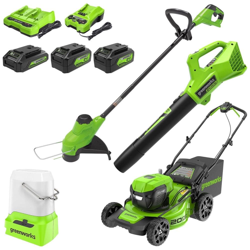 Combo sem fio Greenworks 48V 2x24V Tudo-em-um: Cortador de Grama, Aparador , Soprador de 320 CFM e Lanterna de 500 Lumens