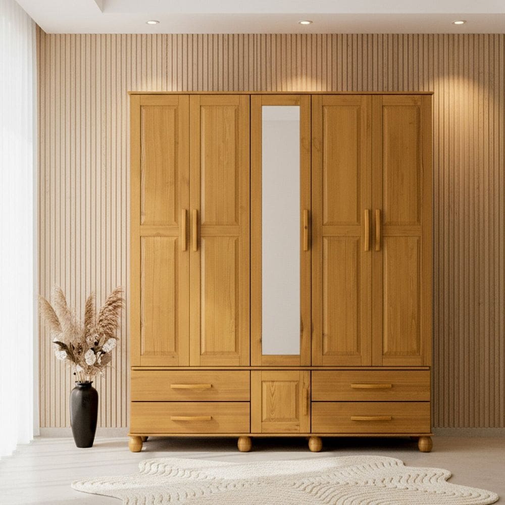 Guarda-roupa Madeira 5 Portas 4 Gavetas Pollux Nogueira