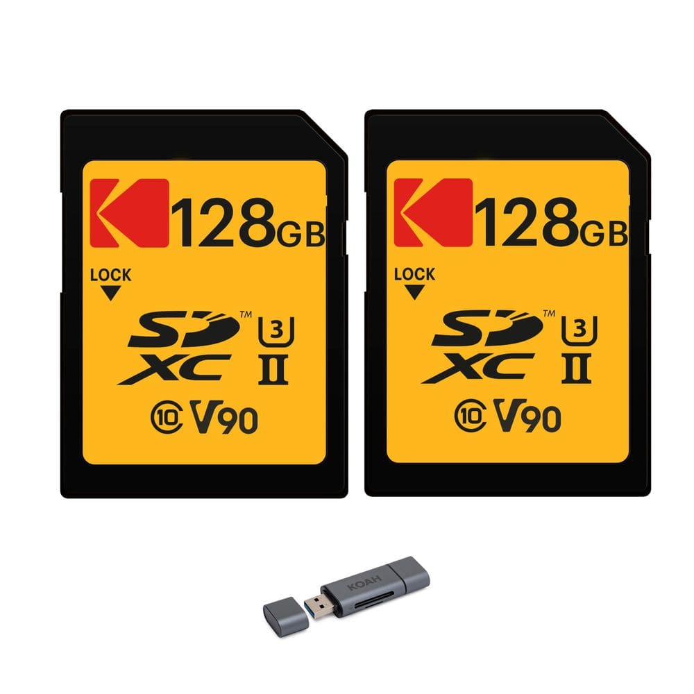 Pacote com 2 cartões SDXC Kodak UHS-II V90 de 128 GB com leitor