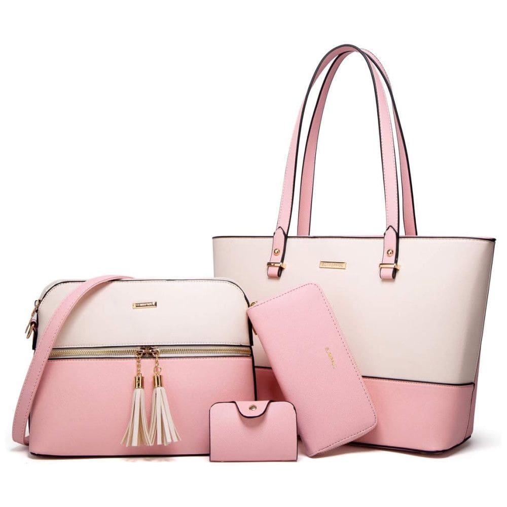 Conjunto de Bolsas Femininas em Couro Sintético 4 Peças com Carteira, Lovematch, Rosa e Bege