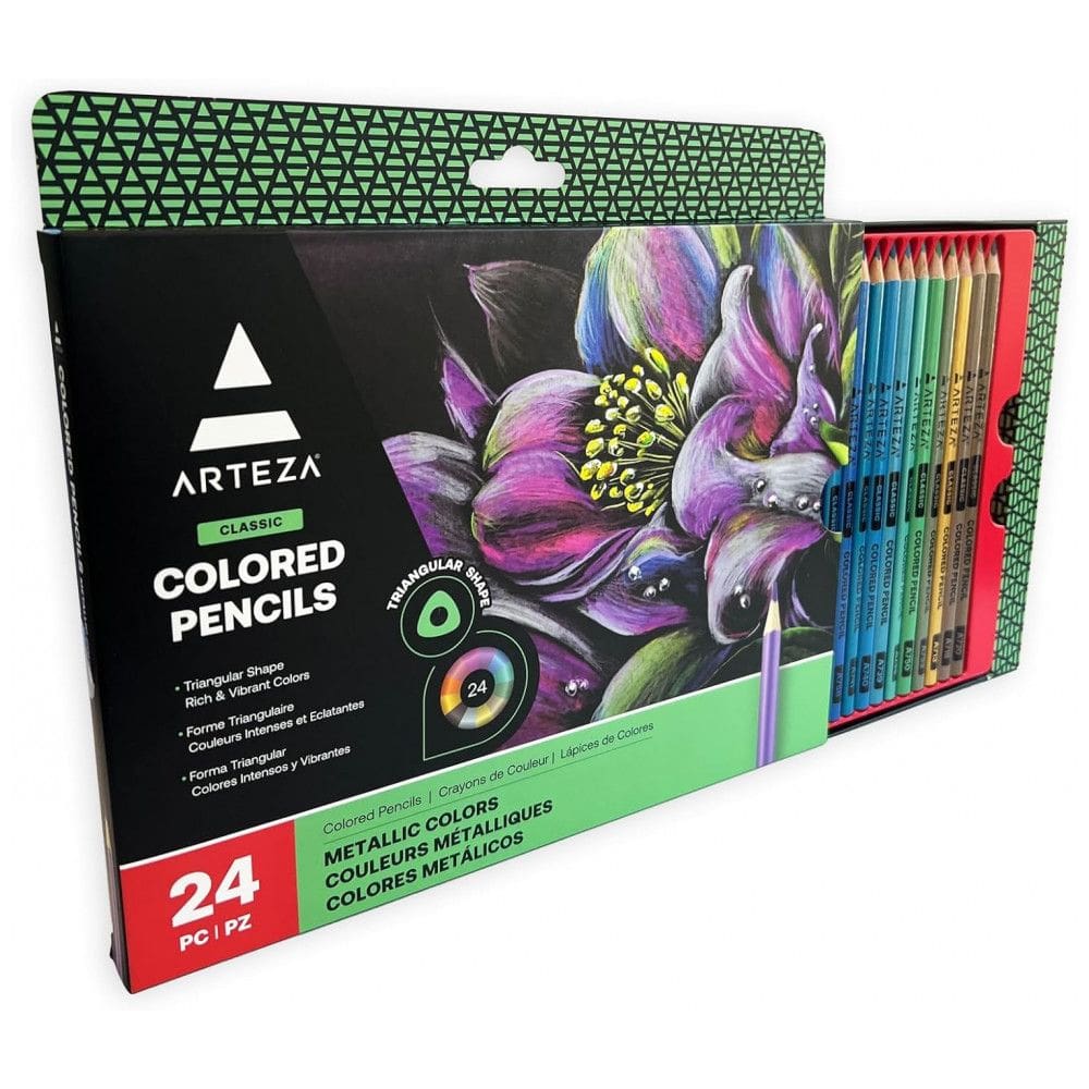 Lápis de Cor Metálicos ARTEZA, Conjunto com 24 Cores, Formato Triangular, Pré-Afiados, Materiais de Arte para Desenho e Colorir