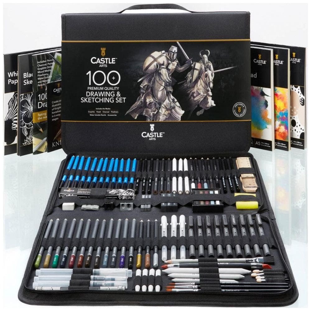 Kit Lápis de Cor Profissional com Maleta 100 peças Tintas Acrílicas, Aquarela, Castle Art Supplies