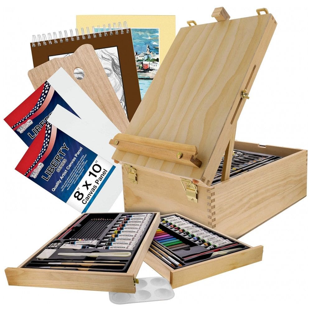 Kit Lápis de Cor Profissional com Maleta de Madeira 95 Peças e Tintas Acrílicas, Aquarela, US Art Supply, Marrom