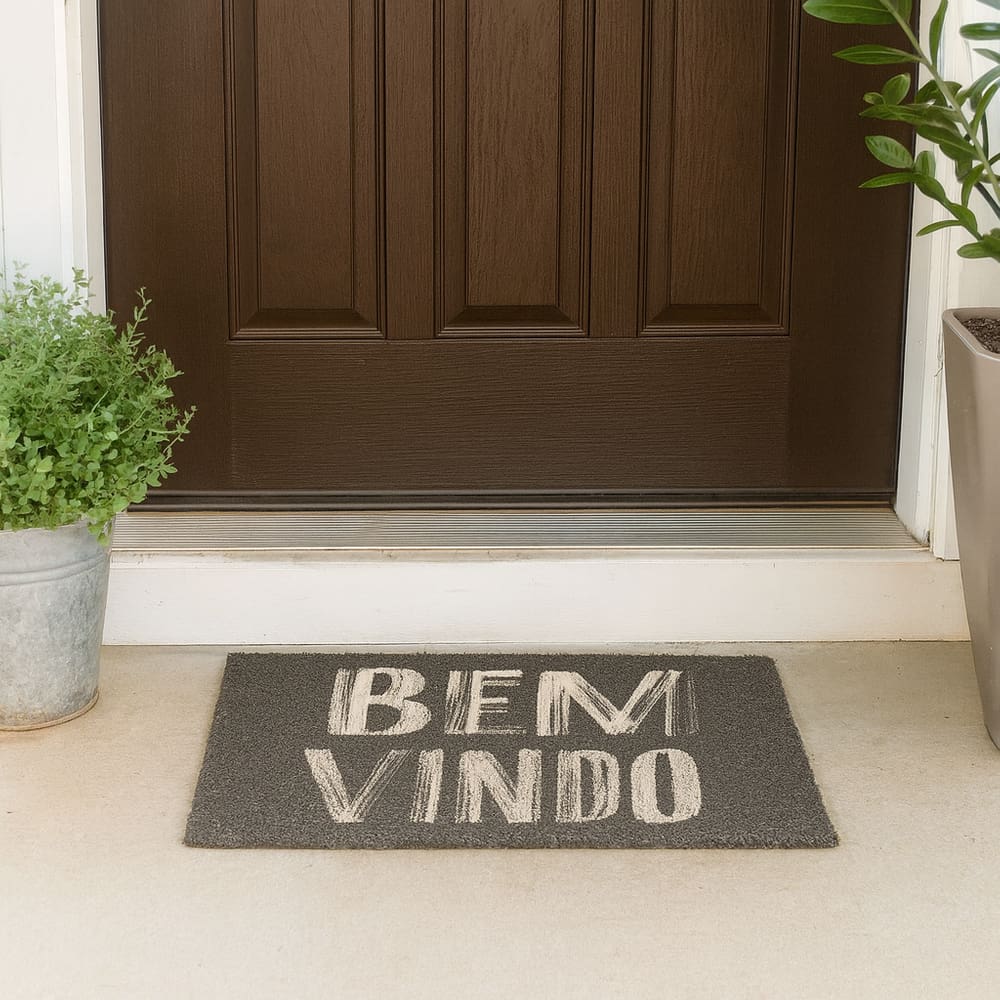 Tapete De Entrada 100% Poliéster Base Látex Antiderrapante 60x40cm - Bem-Vindo Cinza