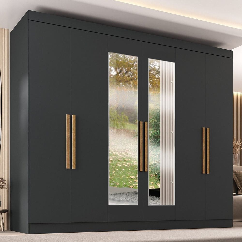 Guarda-roupa 6 Portas com Puxador Mdf 50 e Espelho Paris Preto