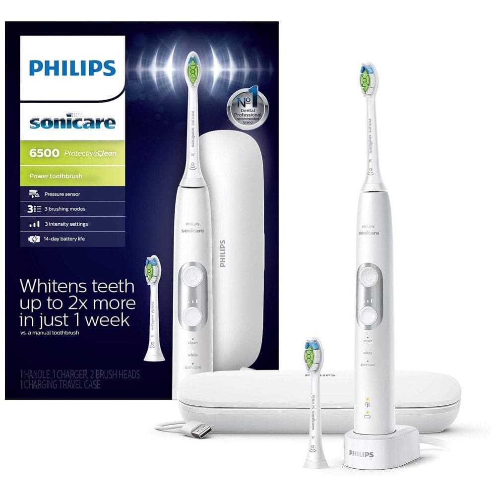 Escova de dentes elétrica recarregável ProtectiveClean 6500 com estojo de carregamento de viagem e cabeça de escova extra, branco