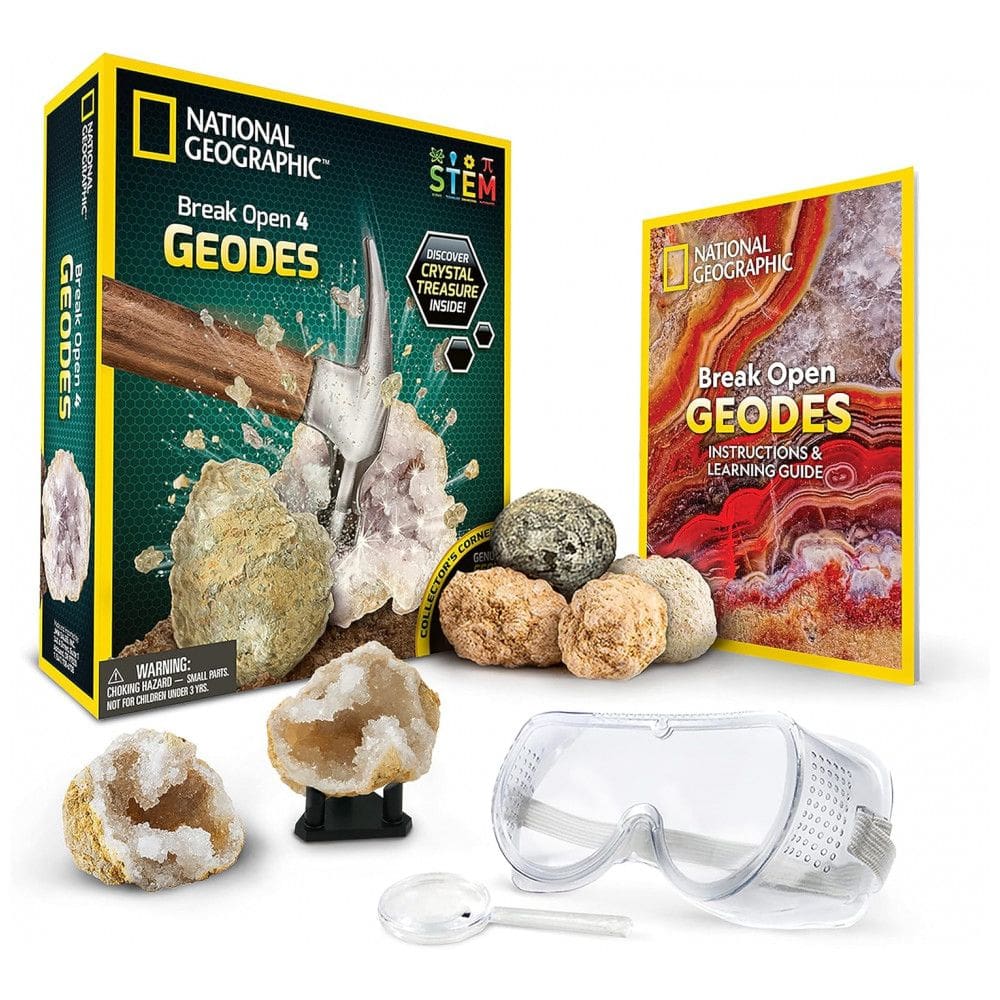 Kit Científico NATIONAL GEOGRAPHIC para Quebrar 4 Geodos, Inclui Óculos e Suporte Expositor - Presente STEM de Ciências,Blue Marble