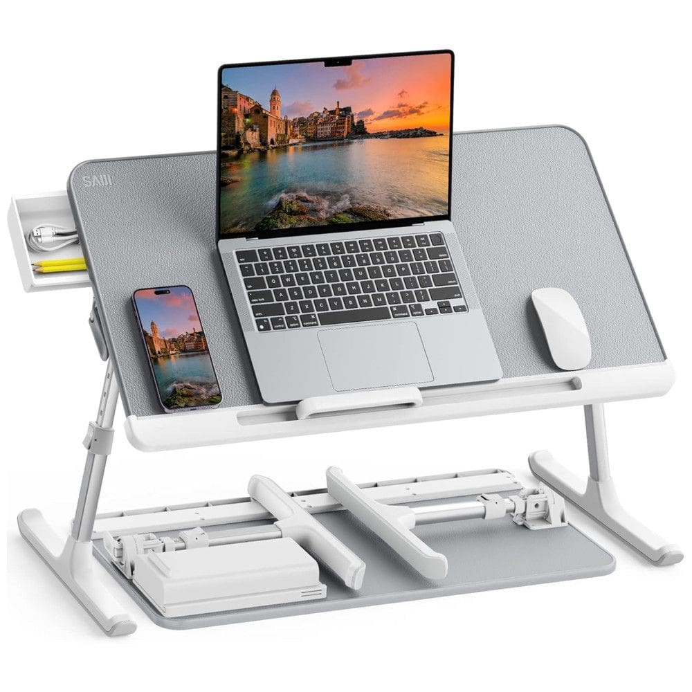 Mesa cama para laptop, ajustável, portátil de pé com gaveta de zenamento, dobrável para tablet cinza, SAIJI K7M G, Branco
