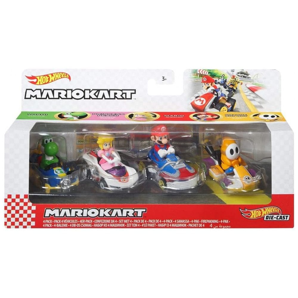 Conjunto Hot Wheels Mario Kart Vehicle 4Pack - 4 Personagens Favoritos dos Fãs, Inclui 1 Modelo Exclusivo - Presente Colecionável para