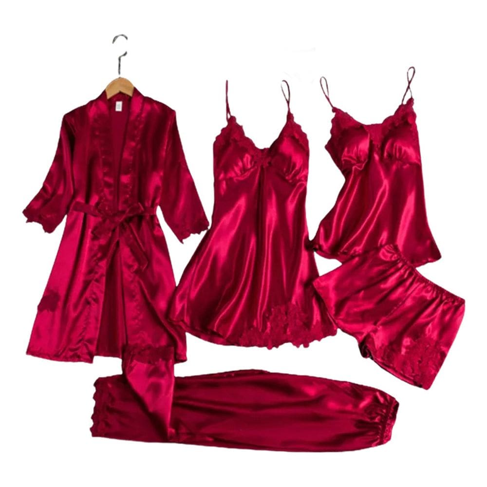 Conjunto de pijama feminino de cetim, 5 peças com painéis de renda, noite de núpcias