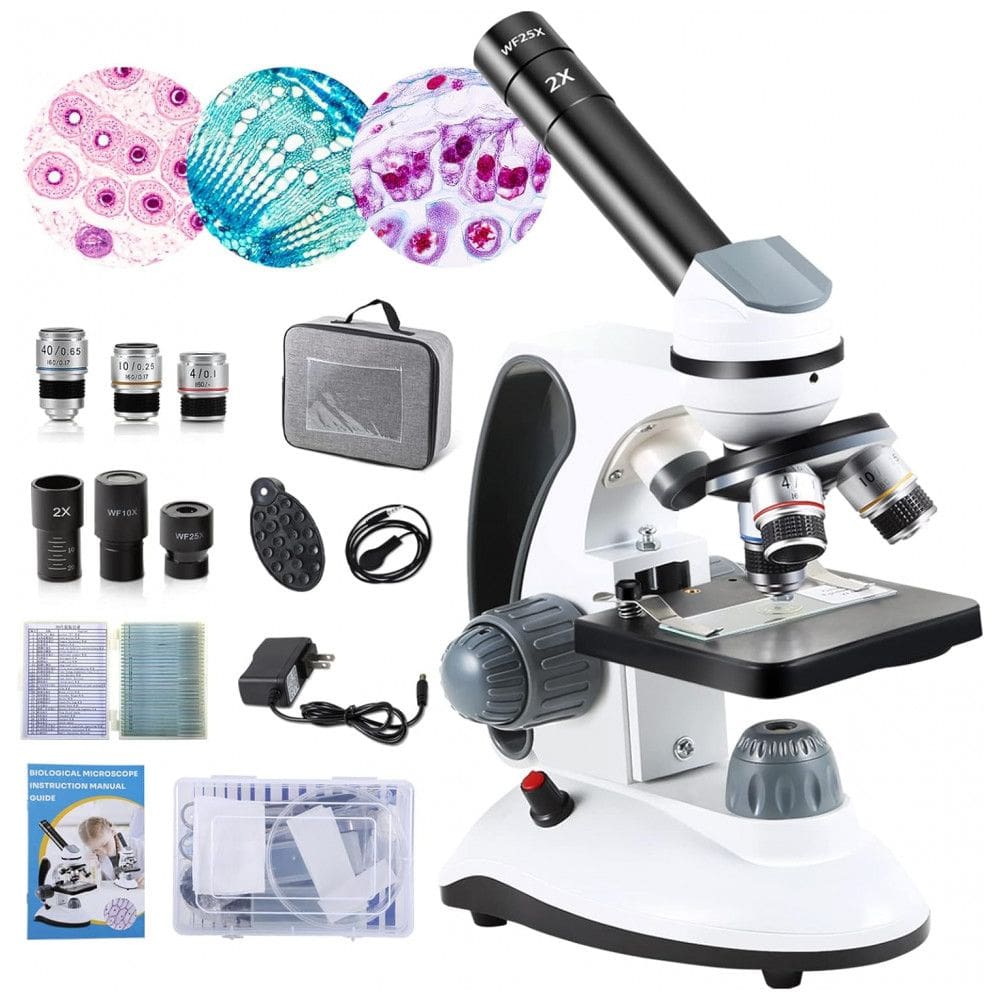 Microscópios Monocular 40X 2000X para Crianças Estudantes e Adultos com Lâminas Preparadas e Acessórios, Crspexil, Branco
