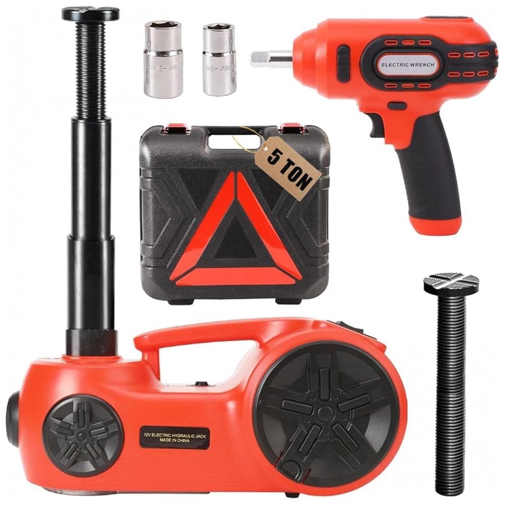 Macaco Hidráulico Elétrico ROGTZ Atualizado 5 Toneladas 12V - Elevação Portátil de 53cm com Chave de Impacto e Inflador de Pneus para Reparo