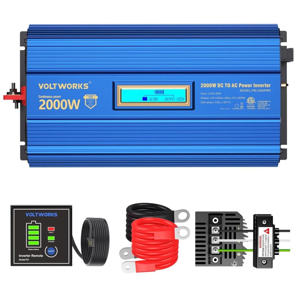Inversor de Potência 2000W DC 12V para AC 3 Tomadas, 2 USB, 110v, VOLTWORKS VK 2000PBR, Azul Aço