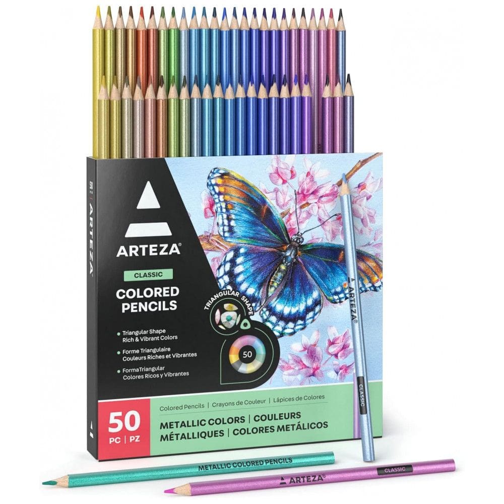 Lápis de Cor Metálicos ARTEZA, Conjunto com 50 Cores, Formato Triangular, Pontas Pré-Afiadas, Materiais de Arte para Desenho