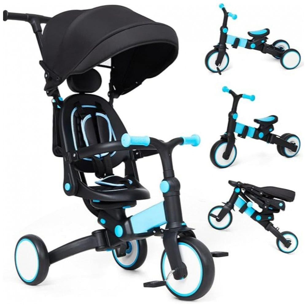 Triciclo Infantil 7 em 1 GAOMON, Dobrável e com Guidão Removível e Ajustável, Bike de Empurrar com Pedal Removível, Capota e Grade de