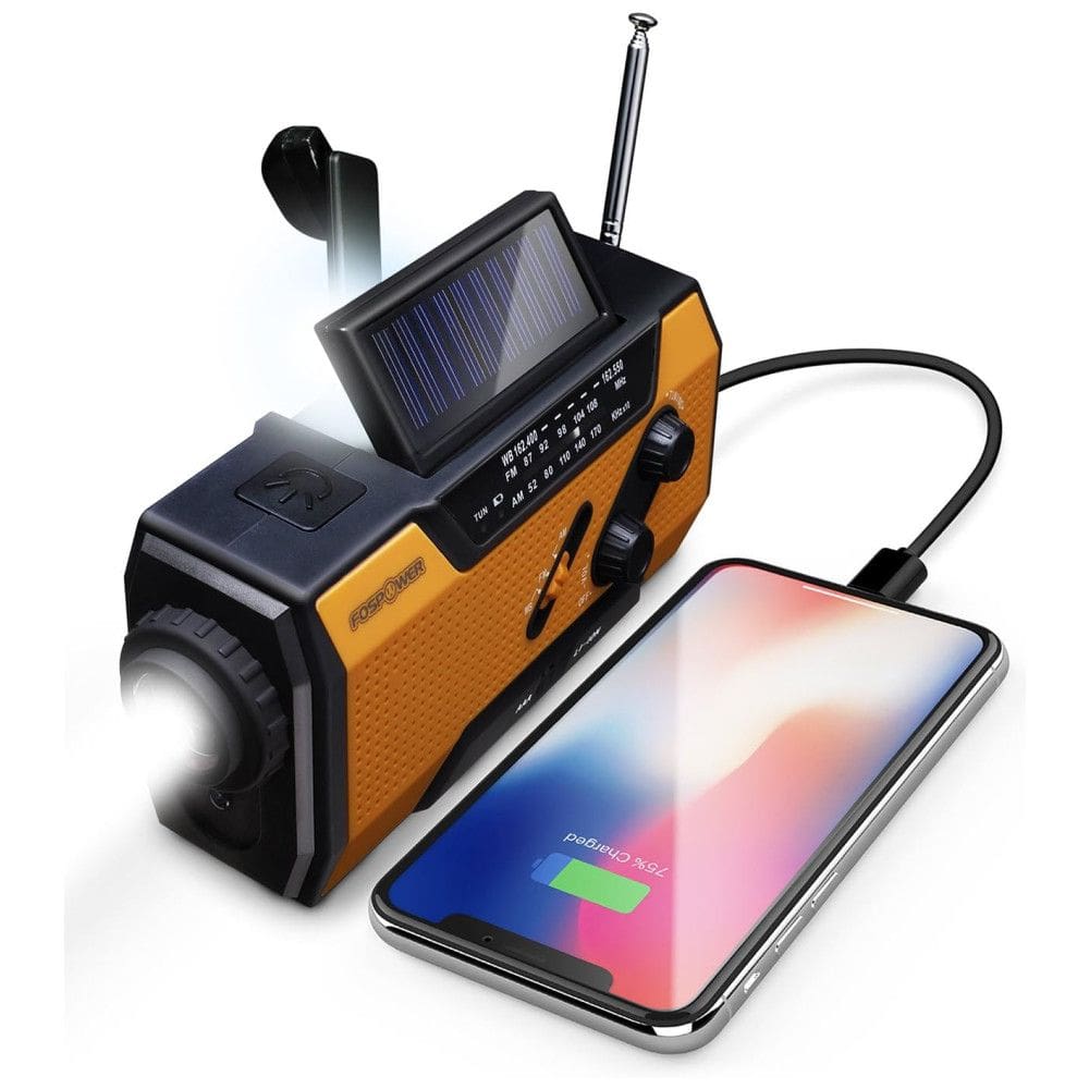 Lanterna LED Rádio Portátil NOAA AM, FM Carregador USB Banco de Energia Alarme SOS, FOSPOWER FOSPWB 2376, Laranja