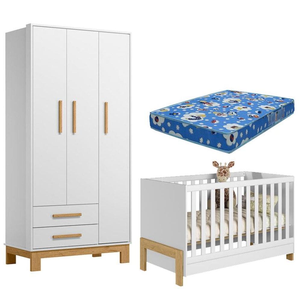 Berço Americano 4300 Mini Cama Fantasia e Guarda Roupa Infantil Q Encanto Slim 4340  Branco Acetinado com Colchão Ortobom – Qmovi