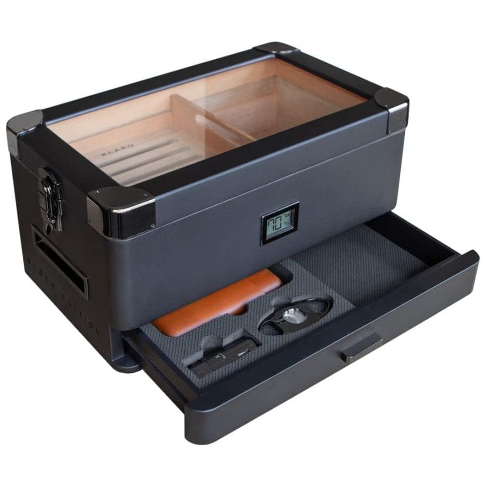 Umidor Militar para Charutos em Madeira de Cedros com Higrômetro Preciso, CASE ELEGANCE, Preto