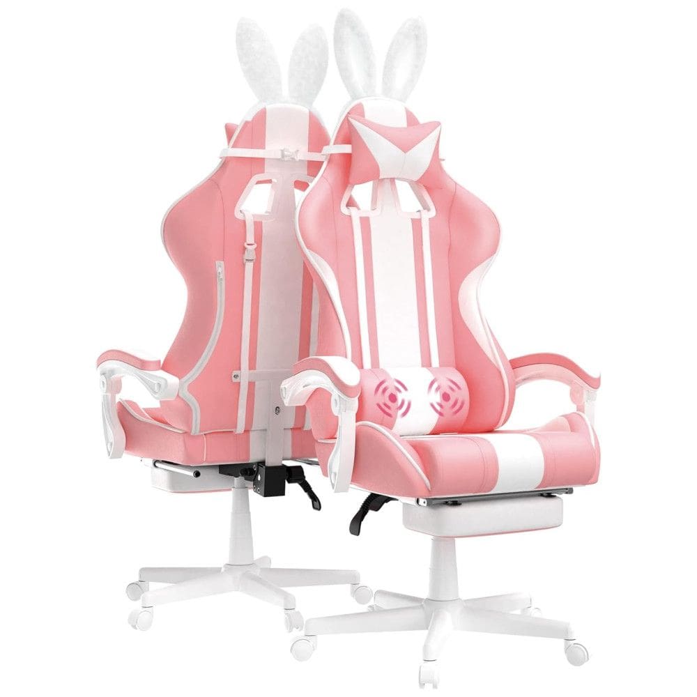 Cadeira Gamer com Orelhas de Coelho e Apoio para Lombar e Pés, Ferghana, Rosa