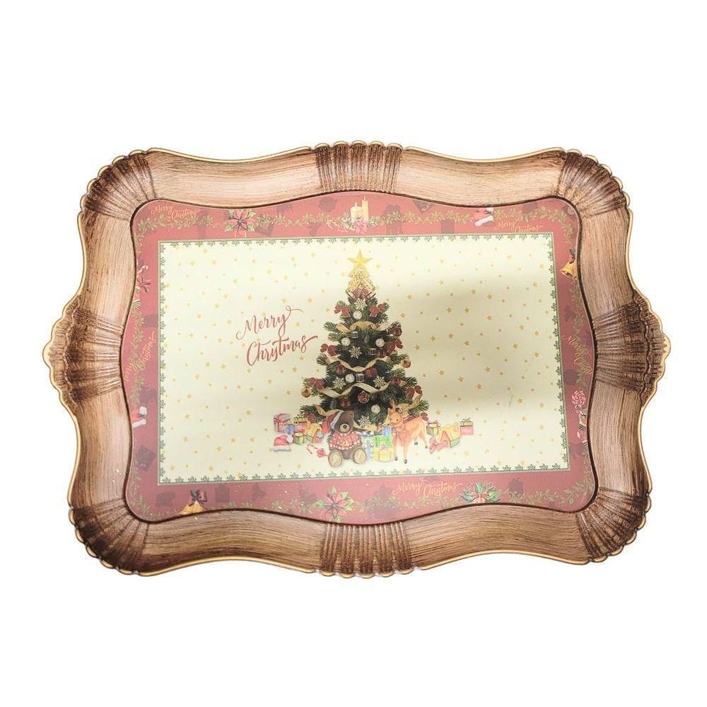 Bandeja Natal Rústica Estampada árvore De Natal Moldura Ondulada 42cm X 32cm - Magizi