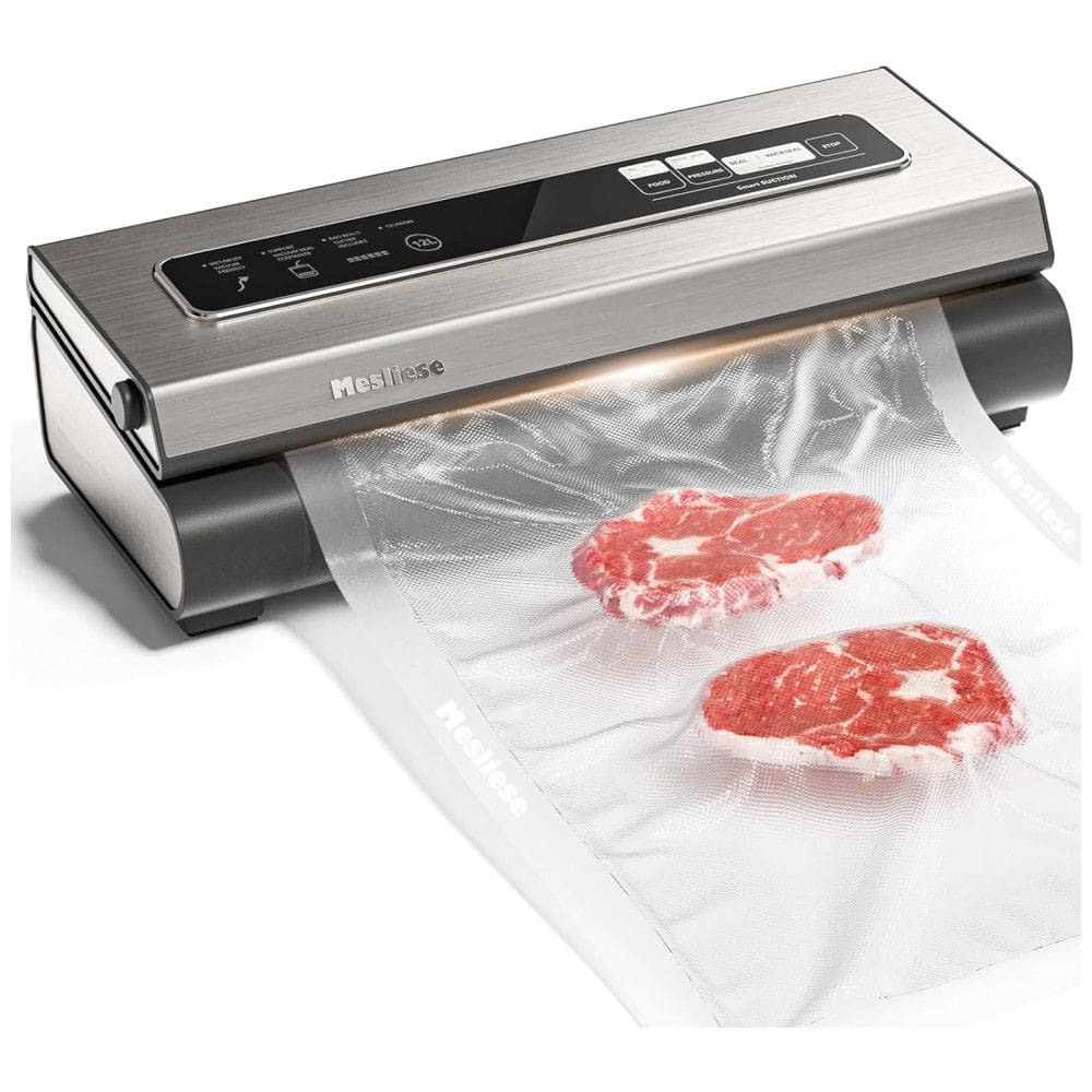 Seladora a Vácuo Automática para Alimentos Secos e Úmidos em Aço Inoxidável com 2 Rolos de Saco e 5 Sacos Pré Cortados, 110V, Mesliese
