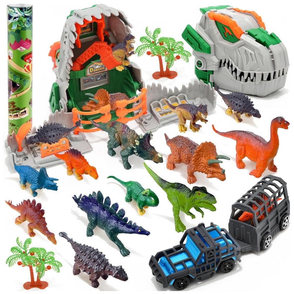 Brinquedo de Dinossauro para Crianças: Conjunto Educativo com 12 Figuras Realistas de Dinossauros, Caminhão de Transporte,ROSEORGUN