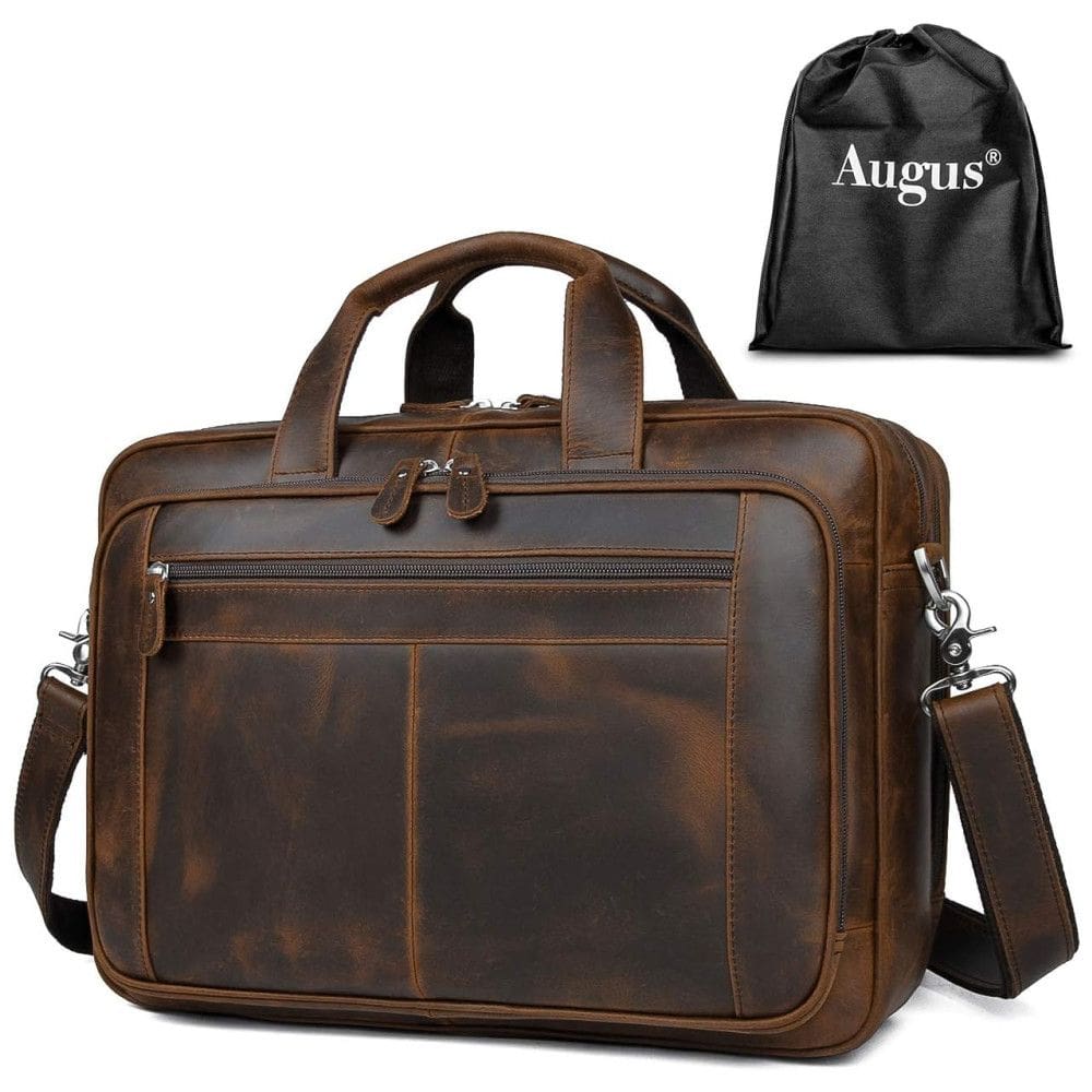 Bolsa, Pasta de Couro para Laptop Masculina, AUGUS, Marrom Escuro