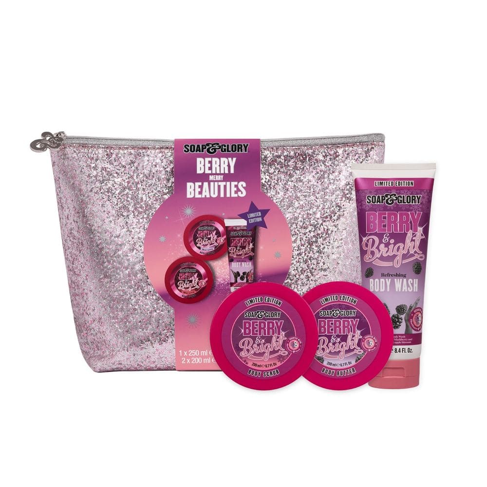 Conjunto de presente Soap & Glory Berry Merry com sabonete líquido, esfoliante e manteiga