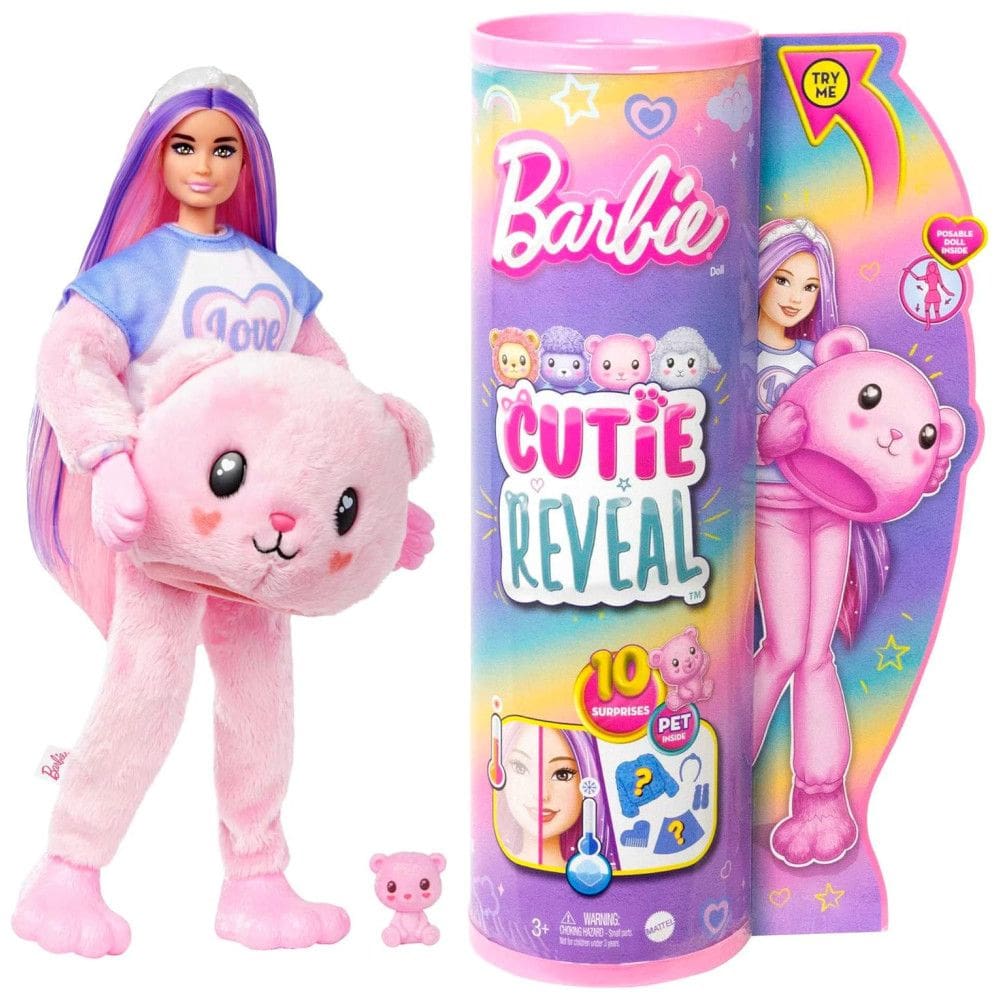 Boneca Barbie Revelação com Fantasia de Pelúcia Urso e 10 Surpresas, Rosa