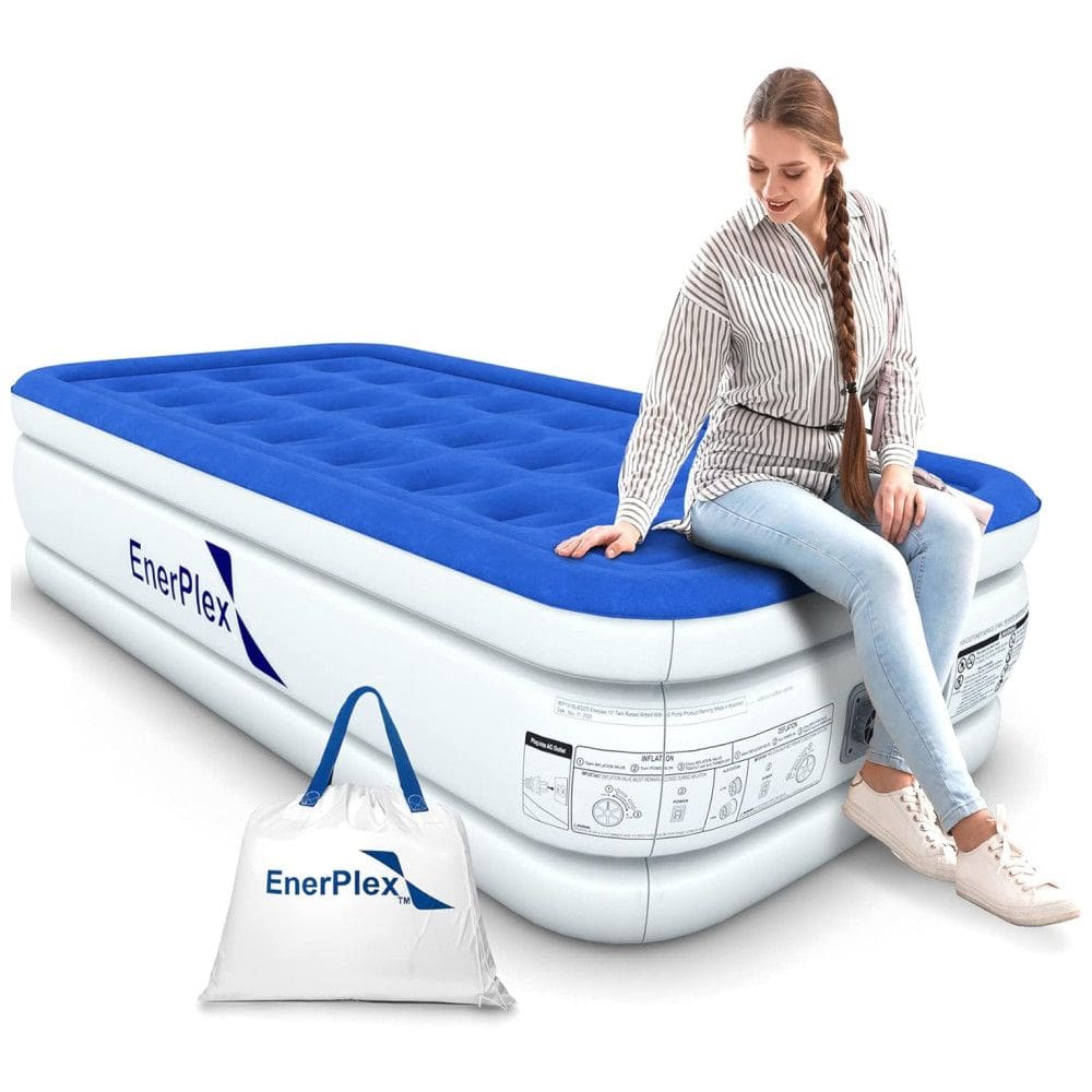 Colchão Inflável Solteiro, para viagens, camping, com bomba dupla embutida, ENERPLEX Luxury, Branco