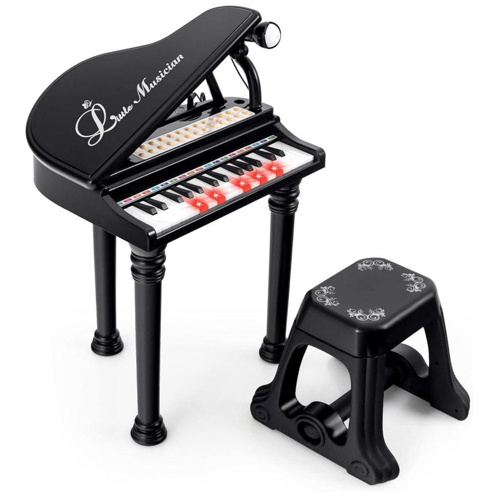 Piano Teclado Infantil com 31 Teclas, Banco, Microfone e Modo Ensino LED, Costzon, Preto