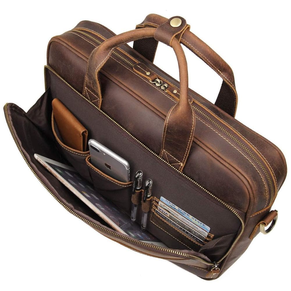 Bolsa, Pasta de Couro Vintage para Laptop Masculina, AUGUS, Marrom
