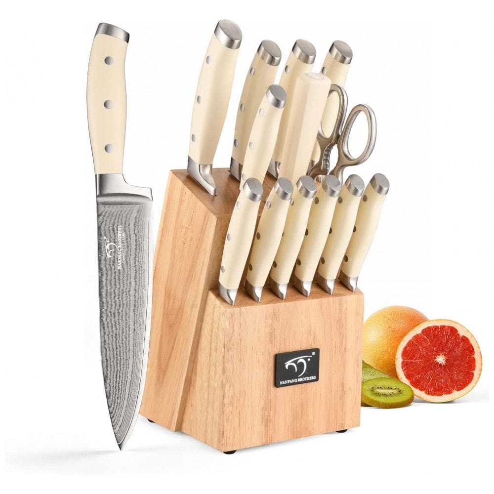 Conjunto de Facas com Bloco de Bancada com Afiador Embutido, 14 Peças, NANFANG BROTHERS, Creme